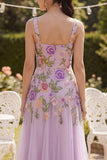 Vestido Midi Floral Floral Bordado em Tule Lilas, Linha A, Bordado em Linha A para Convidada de Casamento