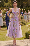 Vestido midi floral bordado em tule lilas, linha A para Convidada de Casamento