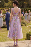 Vestido midi floral bordado em tule lilas, linha A para Convidada de Casamento