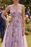 Vestido midi floral bordado em tule lilas, linha A para Convidada de Casamento