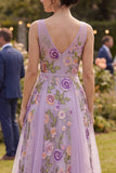 Vestido midi floral bordado em tule lilas, linha A para Convidada de Casamento