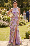 Vestido longo floral bordado em tule com gola lilas-lilás e sereia para Convidada de Casamento