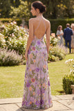Vestido longo floral bordado em tule com gola lilas-lilás e sereia para Convidada de Casamento