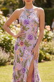 Vestido longo floral bordado em tule com gola lilas-lilás e sereia para Convidada de Casamento