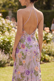 Vestido longo floral bordado em tule com gola lilas-lilás e sereia para Convidada de Casamento