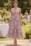 Vestido midi floral bordado em tule lilás, linha A-line fora do ombro para Convidada de Casamento