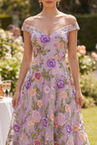 Vestido midi floral bordado em tule lilás, linha A-line fora do ombro para Convidada de Casamento