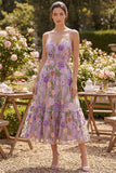 Vestido floral ondulado midi bordado em tule lilas, linha A para Convidada de Casamento