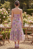 Vestido floral ondulado midi bordado em tule lilas, linha A para Convidada de Casamento