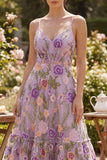 Vestido floral ondulado midi bordado em tule lilas, linha A para Convidada de Casamento