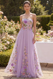 Vestido longo floral bordado em tule sem alças lilás,para Convidada de Casamento