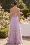 Vestido longo floral bordado em tule sem alças lilás,para Convidada de Casamento