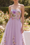 Vestido longo floral bordado em tule sem alças lilás,para Convidada de Casamento