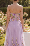 Vestido longo floral bordado em tule sem alças lilás,para Convidada de Casamento