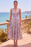 Vestido Midi Floral Bordado Linha A em Tule Lilás, Decote em V para Convidada de Casamento