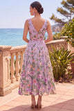 Vestido Midi Floral Bordado Linha A em Tule Lilás, Decote em V para Convidada de Casamento