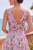 Vestido Midi Floral Bordado Linha A em Tule Lilás, Decote em V para Convidada de Casamento