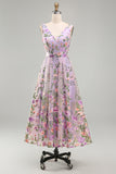 Vestido Midi Floral Bordado Linha A em Tule Lilás, Decote em V para Convidada de Casamento