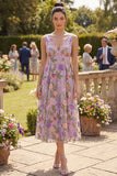 Vestido Midi Floral Bordado Linha A em Tule Lilás, Decote em V para Convidada de Casamento