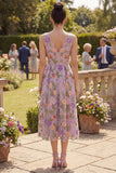 Vestido Midi Floral Bordado Linha A em Tule Lilás, Decote em V para Convidada de Casamento