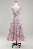 Vestido Midi Floral Bordado Linha A em Tule Lilás, Decote em V para Convidada de Casamento