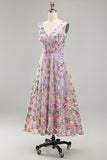 Vestido Midi Floral Bordado Linha A em Tule Lilás, Decote em V para Convidada de Casamento
