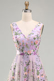 Vestido Midi Floral Bordado Linha A em Tule Lilás, Decote em V para Convidada de Casamento