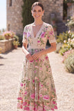 Vestido midi floral midi bordado em tule com decote em V blush e mangas curtas para Convidada de Casamento