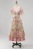 Vestido midi floral midi bordado em tule com decote em V blush e mangas curtas para Convidada de Casamento