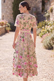 Vestido midi floral midi bordado em tule com decote em V blush e mangas curtas para Convidada de Casamento