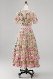Vestido midi floral midi bordado em tule com decote em V blush e mangas curtas para Convidada de Casamento