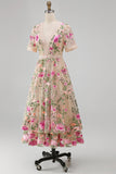 Vestido midi floral midi bordado em tule com decote em V blush e mangas curtas para Convidada de Casamento