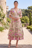 Vestido midi floral midi bordado em tule com decote em V blush e mangas curtas para Convidada de Casamento