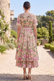 Vestido midi floral midi bordado em tule com decote em V blush e mangas curtas para Convidada de Casamento