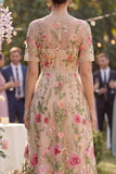 Vestido midi floral midi bordado em tule com decote em V blush e mangas curtas para Convidada de Casamento