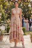 Vestido longo floral bordado em níveis, tule decote em V, blush para Convidada de Casamento