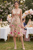 Vestido midi floral bordado em V em tule A-Line Blush para Convidada de Casamento