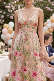 Vestido midi floral bordado em V em tule A-Line Blush para Convidada de Casamento