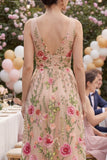 Vestido midi floral bordado em V em tule A-Line Blush para Convidada de Casamento