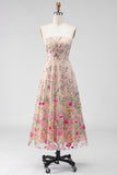 Vestido Midi Floral Bordado sem alças em tule A-Line Blush para Convidada de Casamento