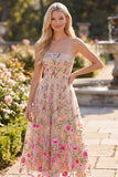 Vestido Midi Floral Bordado sem alças em tule A-Line Blush para Convidada de Casamento