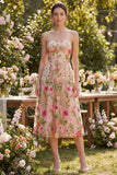 Vestido Midi Floral Bordado sem alças em tule A-Line Blush para Convidada de Casamento