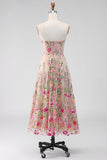 Vestido Midi Floral Bordado sem alças em tule A-Line Blush para Convidada de Casamento
