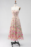 Vestido Midi Floral Bordado sem alças em tule A-Line Blush para Convidada de Casamento