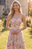 Vestido Midi Floral Bordado sem alças em tule A-Line Blush para Convidada de Casamento