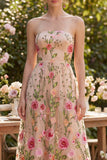 Vestido Midi Floral Bordado sem alças em tule A-Line Blush para Convidada de Casamento