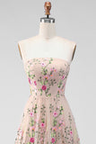 Vestido Midi Floral Bordado sem alças em tule A-Line Blush para Convidada de Casamento