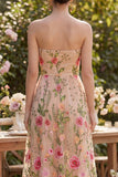 Vestido Midi Floral Bordado sem alças em tule A-Line Blush para Convidada de Casamento