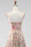 Vestido Midi Floral Bordado sem alças em tule A-Line Blush para Convidada de Casamento