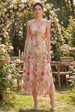 Vestido midi floral bordado em tule com um ombro em A-line blush para Convidada de Casamento